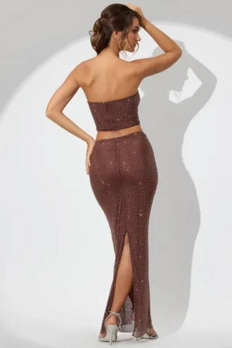 Fausta versierde maxi-rok met middelhoge taille in espresso