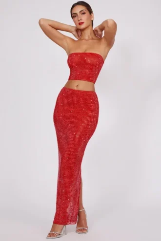 Fausta versierde maxi-rok met middelhoge taille in vuurrood