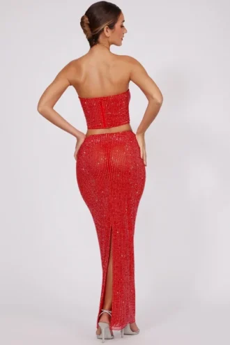 Fausta versierde maxi-rok met middelhoge taille in vuurrood