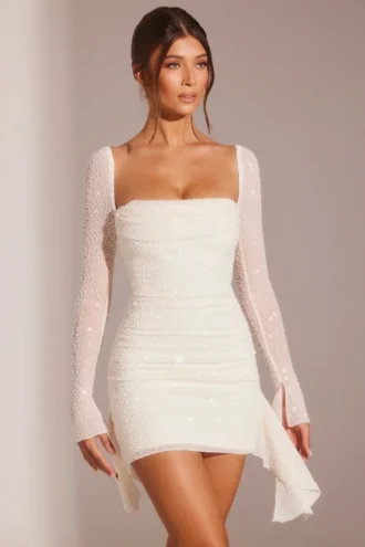 Ferrara minijurk met lange mouwen, versierde col en witte kleur