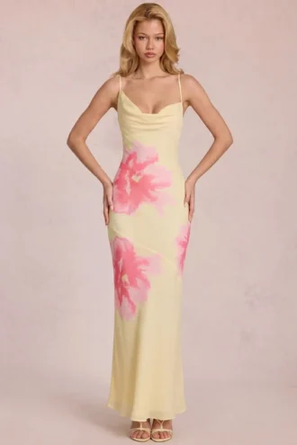 Fioren chiffon maxi-jurk met gele bloemenprint