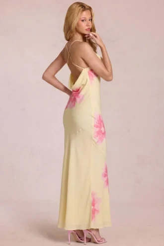 Fioren chiffon maxi-jurk met gele bloemenprint