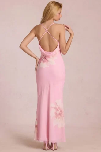 Fioren chiffon maxijurk met roze bloemenprint