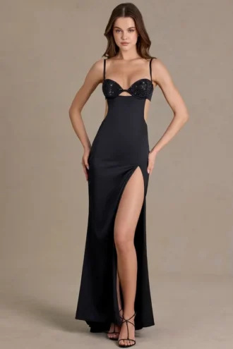 Fleurine satijnen bralette-jurk met versieringen in zwart