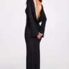 Frances doorschijnende jersey maxi-jurk met lange mouwen en open rug in zwart