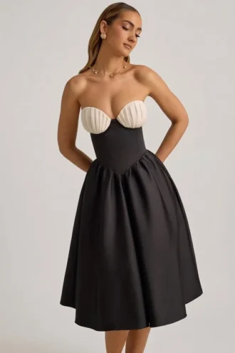 Gabrielle strapless midi-jurk met korset in zwart