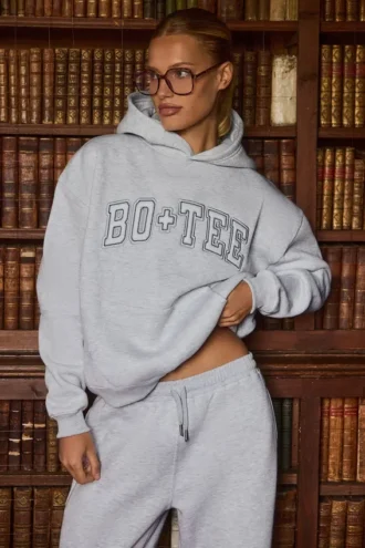 Geborduurde oversized hoodie in grijs gemêleerd