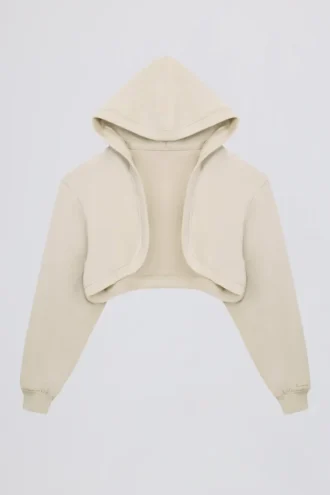 Geborsteld jersey cropped bolero met capuchon in ecru
