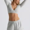 Geborstelde jersey crop top met V-hals in mistgrijs