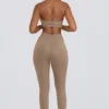 Geborstelde jersey legging met ruches en middelhoge taille in mokka gemêleerd