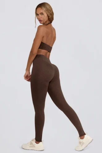 Geborstelde jersey legging met ruches en middelhoge taille in pecan gemêleerd