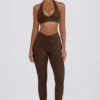 Geborstelde jersey legging met ruches en middelhoge taille in pecan gemêleerd