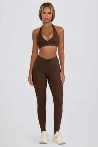 Geborstelde jersey legging met ruches en middelhoge taille in pecan gemêleerd