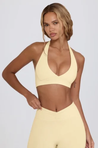 Geborstelde jersey sportbeha met V-hals in Lemon Marl