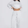 Geborstelde katoenen jersey joggingbroek met middelhoge taille en relaxte pasvorm in grijs gemêleerd