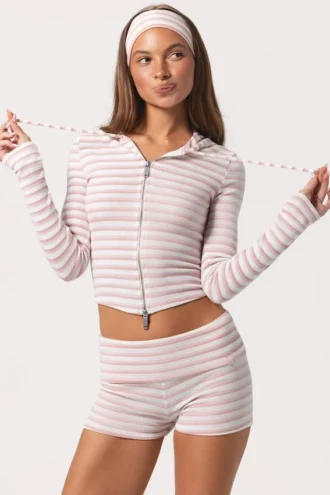 Gekropte hoodie van geribde jersey met roze strepen