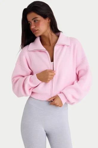 Geribbeld gebreid cropped sweatshirt met rits in lichtroze