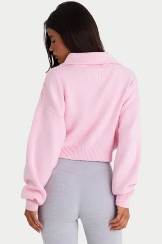 Geribbeld gebreid cropped sweatshirt met rits in lichtroze