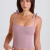 Geribbelde gebreide tanktop met strik in mauve