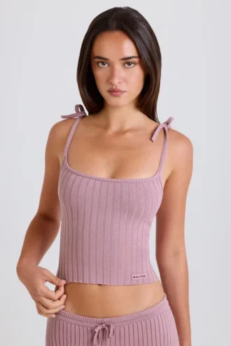 Geribbelde gebreide tanktop met strik in mauve