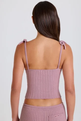 Geribbelde gebreide tanktop met strik in mauve