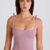 Geribbelde gebreide tanktop met strik in mauve