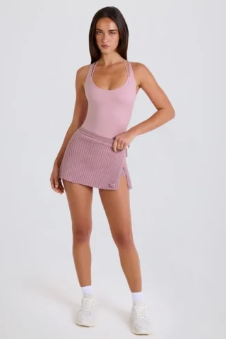 Geribbelde gebreide wikkelrok in mauve