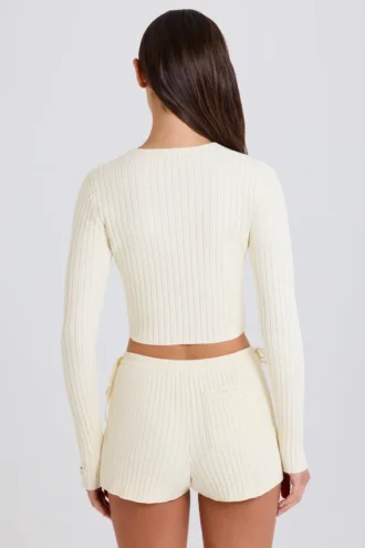 Geribbelde mini-Shorts met strik in crème