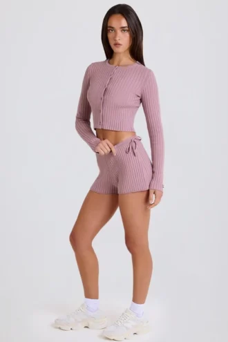 Geribbelde mini-Shorts met strik in mauve
