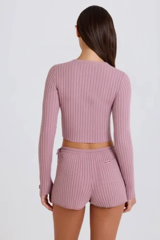 Geribbelde mini-Shorts met strik in mauve