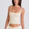 Geribbelde tanktop met strik in crème
