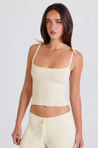 Geribbelde tanktop met strik in crème
