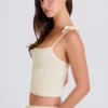 Geribbelde tanktop met strik in crème
