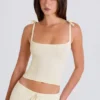 Geribbelde tanktop met strik in crème