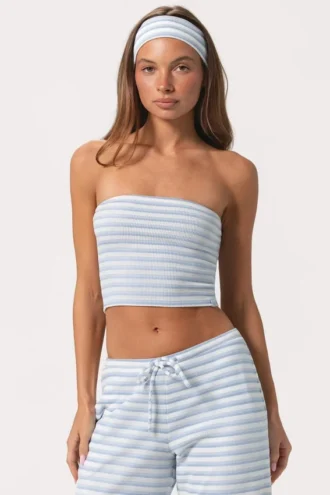 Geribde jersey bandeau-top met blauwe strepen