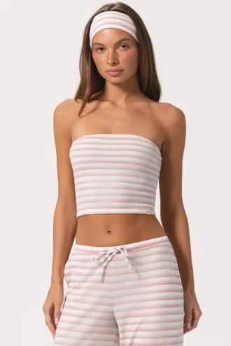 Geribde jersey bandeau-top met roze strepen