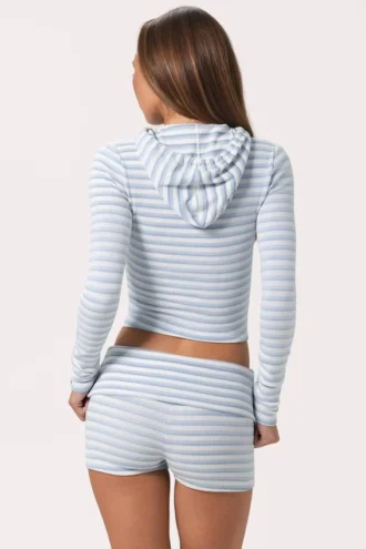 Geribde jersey cropped hoodie met blauwe strepen