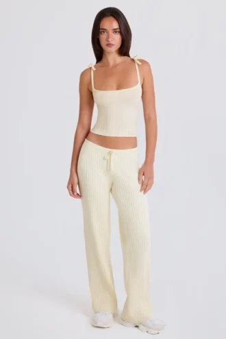 Geribde joggingbroek met wijde pijpen in crème