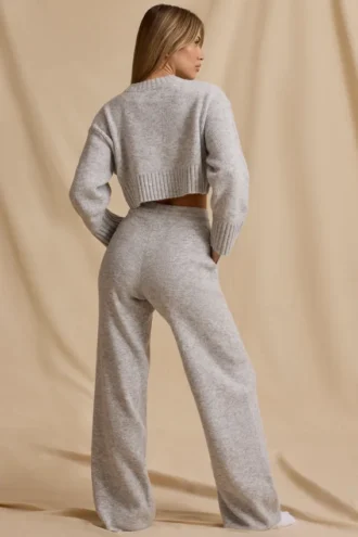 Geribde, mid-rise joggingbroek met wijde pijpen in ijsgrijs gemêleerd