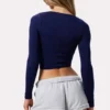 Gerimpelde crop top met lange mouwen in marineblauw