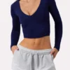 Gerimpelde crop top met lange mouwen in marineblauw