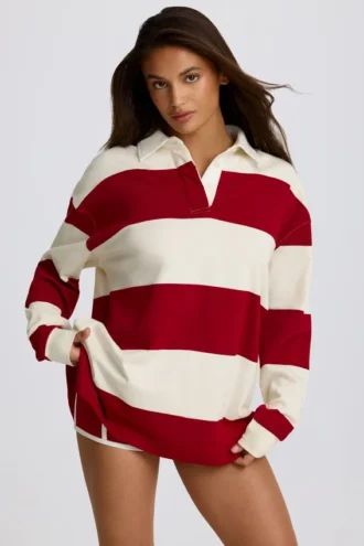 Gestreepte oversized T-shirt met lange mouwen in donkerrood