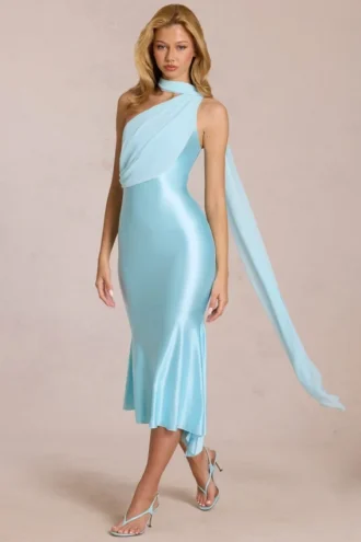 Giada Midaxi-jurk met sjaaldetail in zacht aqua
