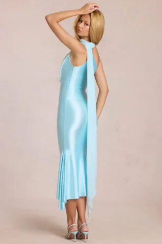 Giada Midaxi-jurk met sjaaldetail in zacht aqua