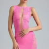 Gracie versierde top met vetersluiting en hoge hals in bubblegumroze