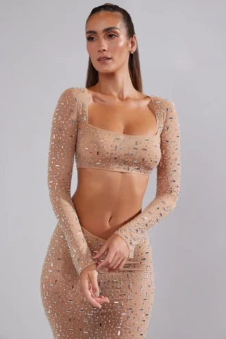 Guilia doorschijnende crop top met versieringen en lange mouwen in Almond