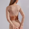 Guilia doorschijnende crop top met versieringen en lange mouwen in Almond