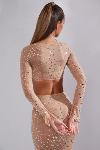Guilia doorschijnende crop top met versieringen en lange mouwen in Almond
