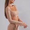 Guilia doorschijnende crop top met versieringen en lange mouwen in Almond