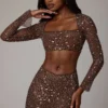Thalassa doorschijnende mini-rok met versieringen en V-taille in diep cacao
